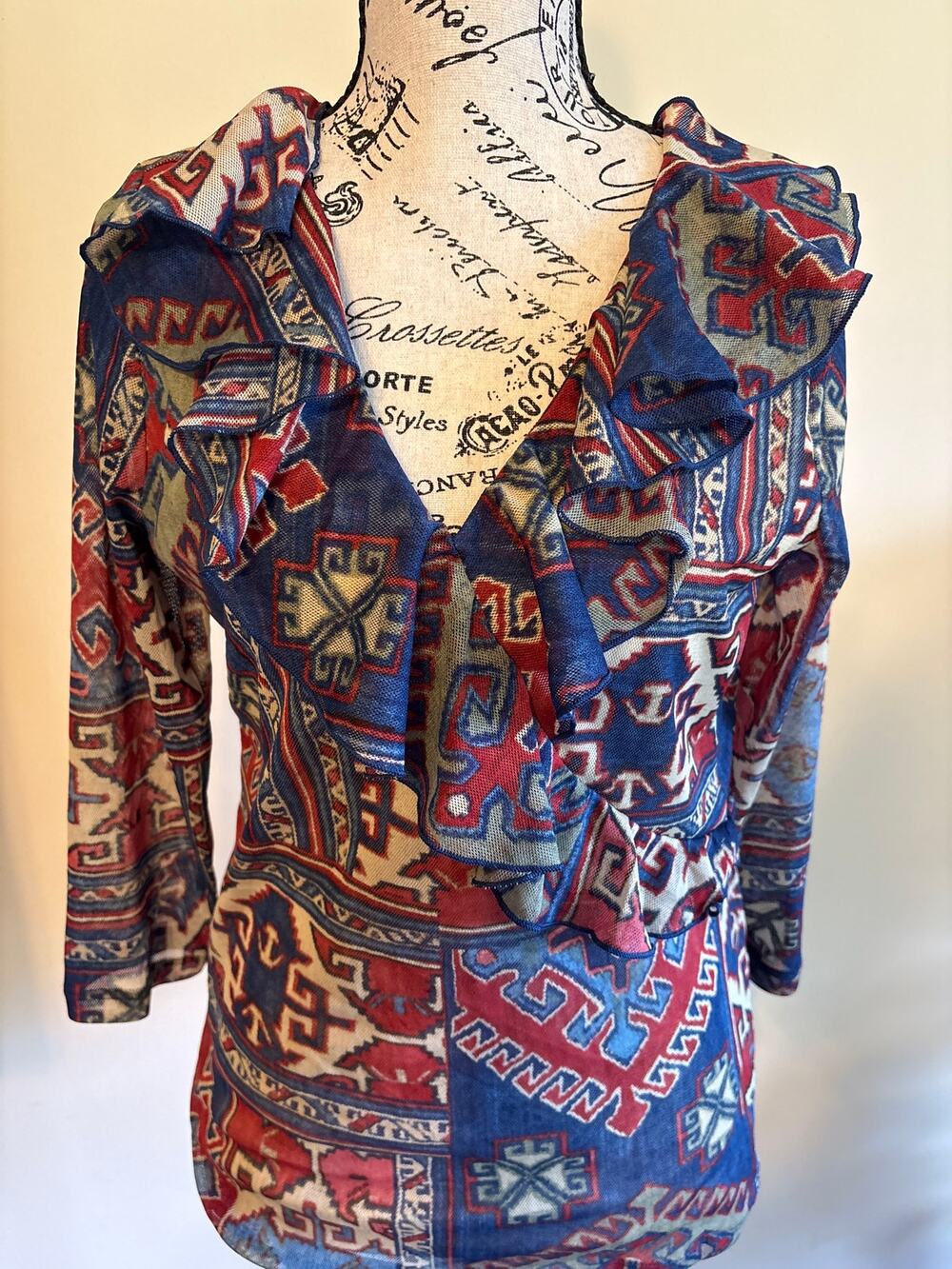 Chaps Front Ruffle Aztec Pattern Blouse Sz Large